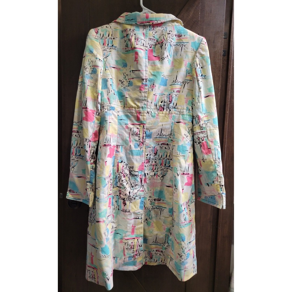 i.e. Womens Abstract Cityscape Print Cotton Trench Coat Pastel Double Breasted S - Picture 8 of 12